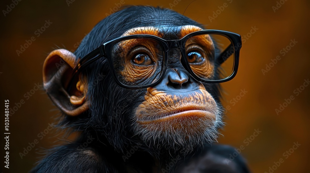 Wall mural a thoughtful monkey wearing glasses gazes intently while showcasing its curious expression in a vibr