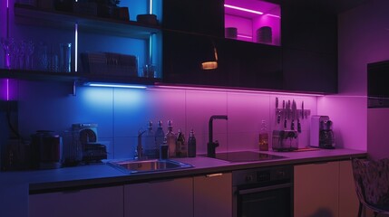 A high-tech kitchen with smart LED strips under cabinets, programmed to shift color based on the time of day.