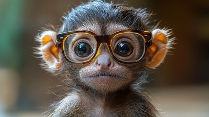 A curious monkey wearing glasses gazes inquisitively at the camera in a playful setting
