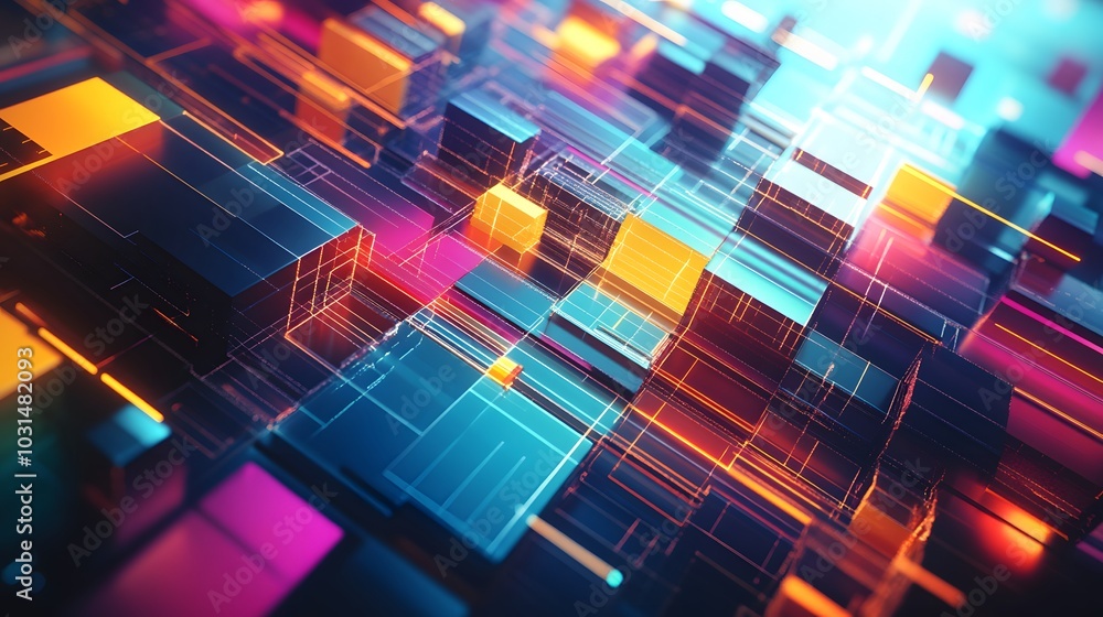 Poster abstract digital background with glowing cubes and lines