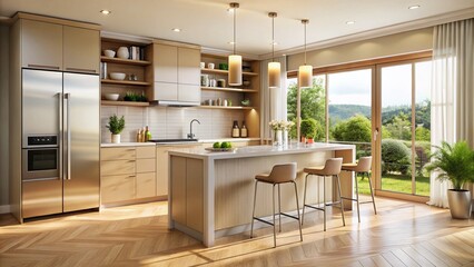 Luxurious Beige Kitchen Interior Design with Bar Island, Modern Fridge, and Panoramic Window in Minimalist Style 3D