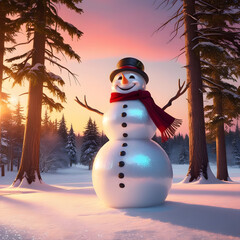 Obraz premium Cheerful Snowman in Winter Forest at Sunset, Photo snowman background winter landscape, High-resolution photo of a snowman in a red scarf and hat standing on a snowy street