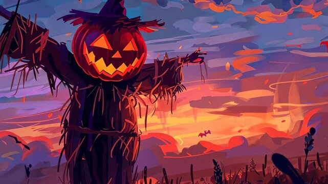Halloween night background with scarecrow and pumpkin illustration style.