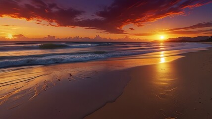 a sunset on a beach with a sunset in the background.