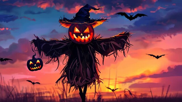 Halloween night background with scarecrow and pumpkin illustration style.