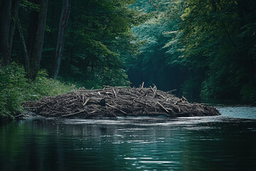 dark green forest riverbank with beaver dam and tranquil water