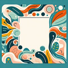 Fototapeta premium Create a vibrant greeting card design featuring an abstract playful border. Use colorful organic shapes such as teal, orange, soft pink, and cream. The center should be left blank for a personalized m