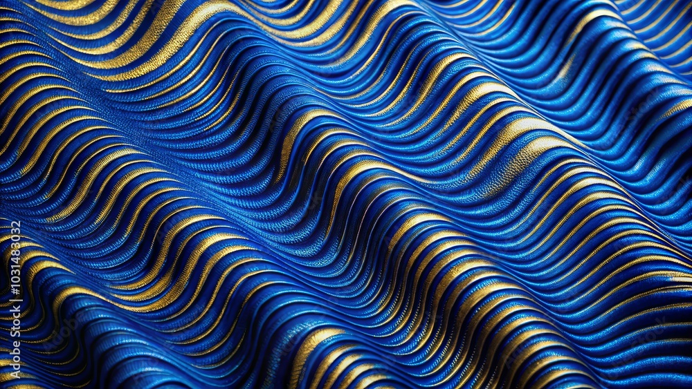 Poster wavy lines create a dynamic blue and gold abstract design.
