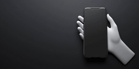 A hand holding a smartphone on a black background, an online business concept.
