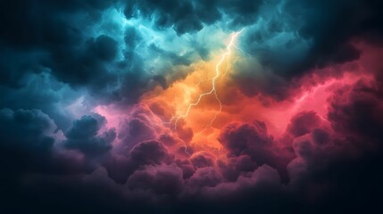 A dramatic sky filled with swirling clouds illuminated by vibrant lightning in shades of blue, pink, and orange.