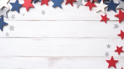 A white wooden background with red, blue, and silver stars forming an American patriotic pattern on the canvas.