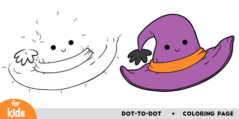 Cute cartoon character Halloween witch hat. Numbers game, education dot to dot game