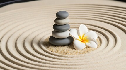 Serene and minimalist style, showcasing a Zen garden layout with stack of smooth, rounded stones in the center carefully balanced, with varying shades of gray and one white stone