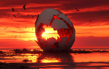 Globe floating in water with birds overhead