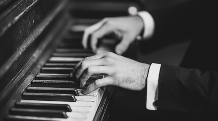 Obraz premium Elegant hands playing a vintage piano, capturing the essence of music and artistry in monochrome tones.