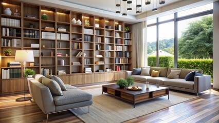 Modern bookshelves adorned with a variety of books and decorative items in a stylish room.