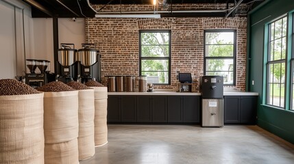 Modern coffee shop interior with brick walls, coffee beans, and industrial decor, creating a welcoming atmosphere.