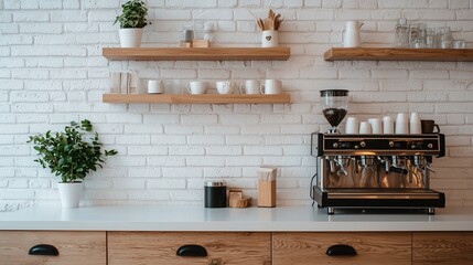 Modern kitchen interior featuring a stylish coffee machine, wooden shelves, and decorative plants on a white brick wall.