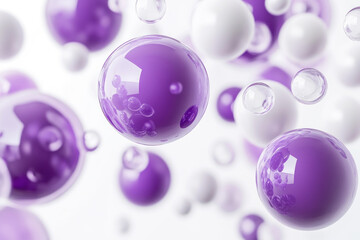 Purple and white bubbles floating in a clear blue sky, creating a dreamy and serene atmosphere.