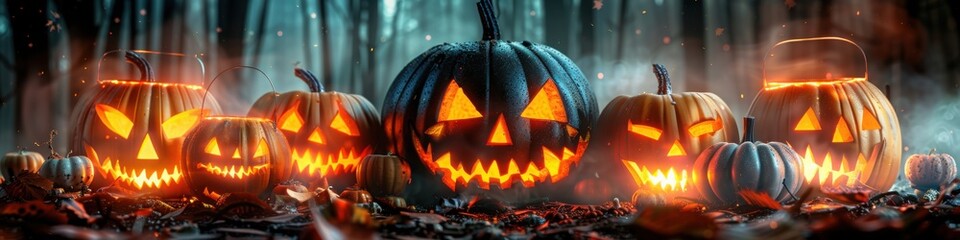 A collection of glowing jack o lanterns arranged in a spooky forest setting surrounded by mist and autumn leaves creating an eerie Halloween scene

