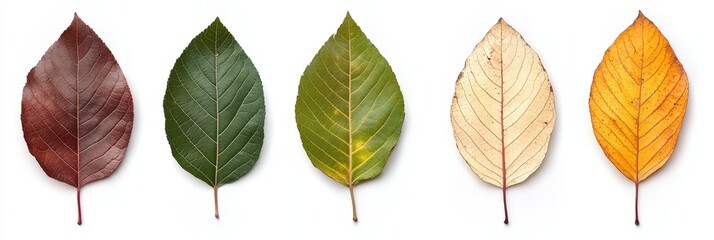 Obraz premium Close up of Five Leaves Showing Stages of Decay, from Deep Red to Golden Yellow