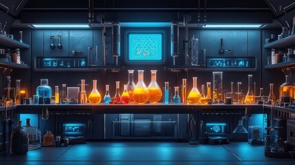 Futuristic laboratory filled with colorful glassware and equipment.