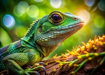 Obraz premium Makrofotografia zielonej jaszczurki na drzewie z żywymi szczegółami i naturalnym środowiskiem