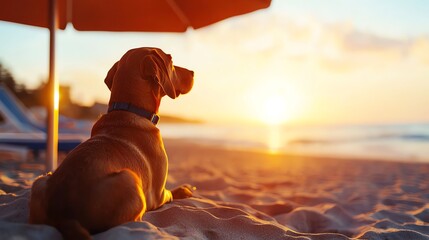 A peaceful dog enjoys a sunset at the beach, highlighting relaxation and companionship in a serene coastal setting.