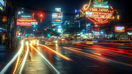 Electric Energy of a Busy City Intersection at Night with Colorful Lights Creating a Lively Urban Experience