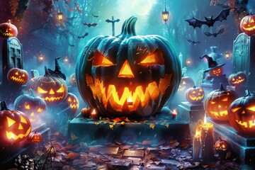 Obraz premium A spooky Halloween scene featuring a glowing jack o lantern surrounded by pumpkins and tombstones in an eerie graveyard