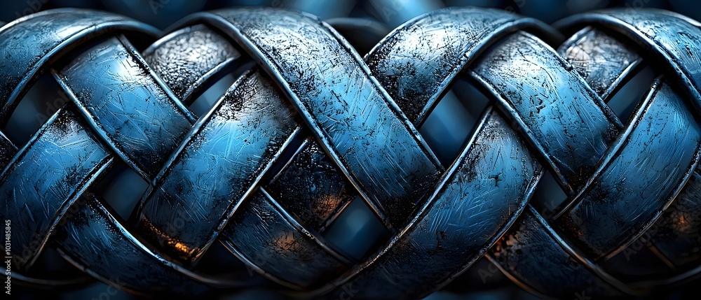 Poster intricate blue metallic weave with a textured surface, creating a mesmerizing abstract pattern.