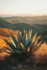 close up of agave plant in a desert landscape at sunset