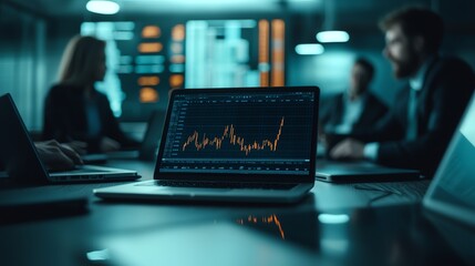 A business meeting with laptops displaying graph data, showcasing teamwork and analysis in a modern office environment.