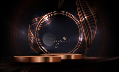 Design with gold shiny podium and round frame with ribbons on black background.