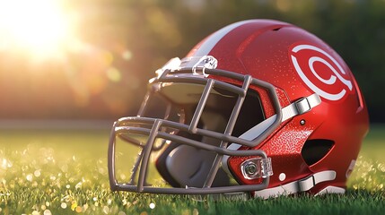 A close-up of a red football helmet resting on the green grass, illuminated by sunlight during a game atmosphere.