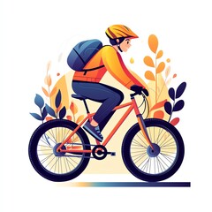 Fototapeta premium A cyclist riding a mountain bike through colorful foliage, wearing a helmet and a backpack, ideal for fitness and outdoor themes.