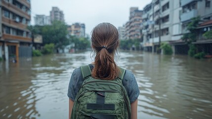 Fototapeta premium woman with a backpack stands in the middle of a flooded street in an urban area, looking at the submerged buildings ahead on a rainy day.