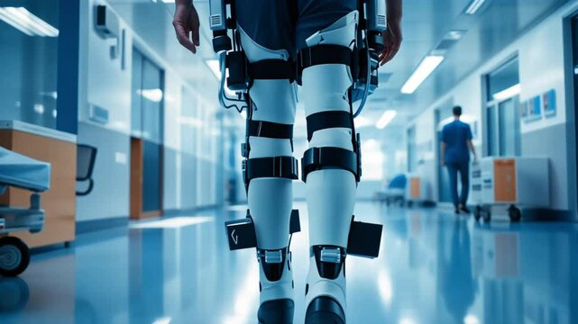 A person in a white exoskeleton walks down a hospital hallway. Other people are visible in the background.