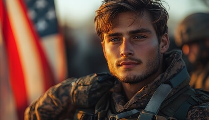 Fototapeta premium A Young Soldier Staring Ahead, Reflecting Strength and Determination, Captured in a Candid Military Portrait Amid a Thoughtful Moment