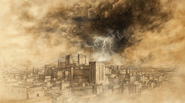 Dramatic vision of a dark storm cloud forming over the ancient towers of Nineveh with flashes of lightning illuminating the historic city skyline in a minimalist