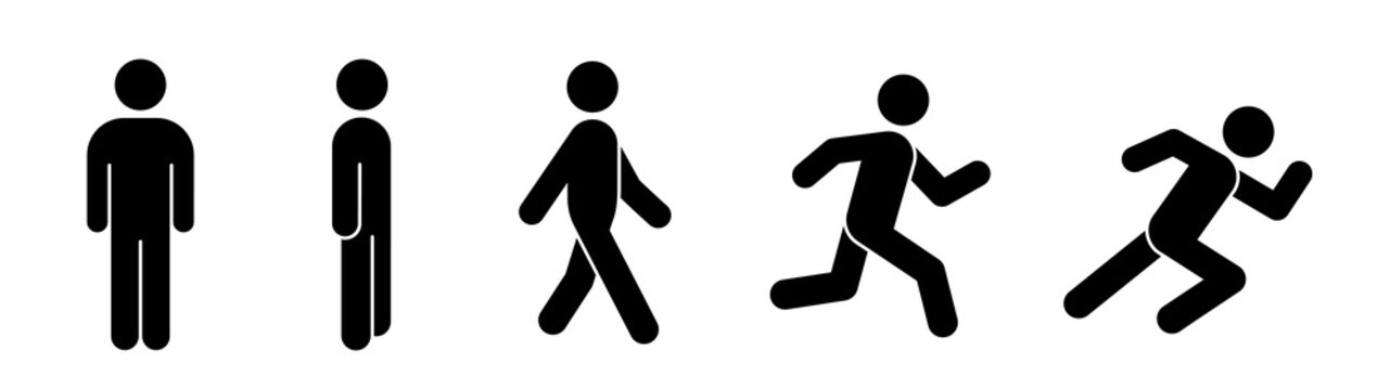 Set of black color pictograms. Person standing upright, walking, running, sprinting.