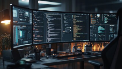 A modern desk with a triple monitor setup showing code on each screen.