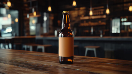 Mockup transparent colored beer bottle without label, on wooden table, bar cafe background, Ai generated images