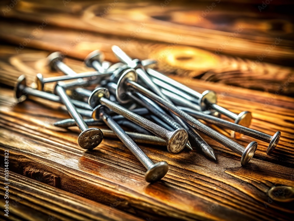 Poster macro shot of nails on wooden table with tilt-shift effect for unique perspective