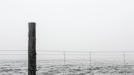 Foggy Landscape with Fence Post and Barbed Wire