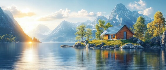 Fototapeta premium A serene lakeside cabin surrounded by mountains and trees at sunrise.