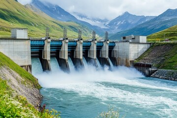 Massive hydroelectric dam generating electricity with turbines and rushing water