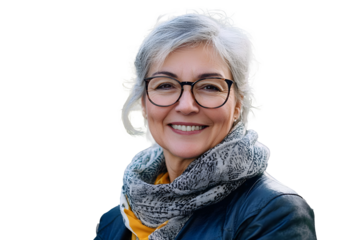 Smiling portrait of senior woman looking at camera outdoor. Head shot of 60 year old woman over urban background.