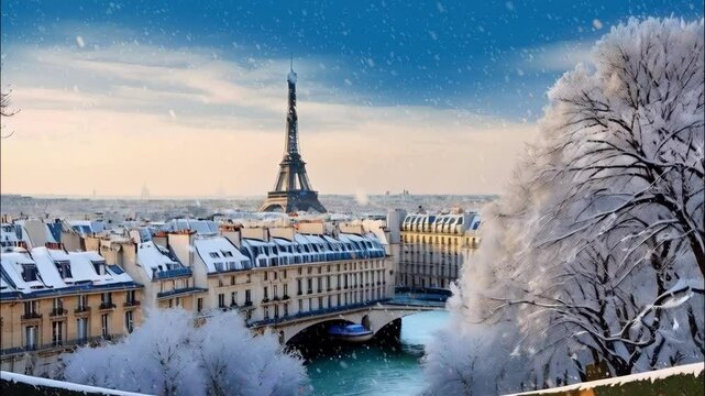 A snowy scene with a view of the Paris