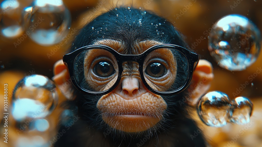 Poster Curious young monkey wearing glasses surrounded by bubbles in a playful setting